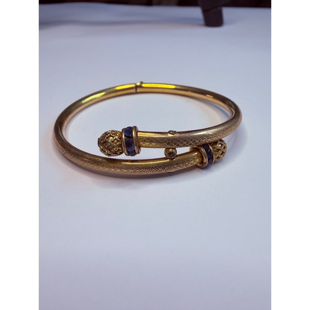 Vintage Gold Filled Sapphire Blue Glass Bypass Hinged Bangle Bracelet